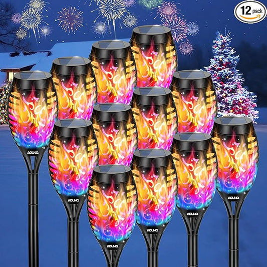 12 Pack Solar Torch Lights Outdoor Waterproof - Multicolor Flickering Flame, Outdoor Solar Garden Lights for Yard, Tiki Torches for Outside Patio Pathway Decorations