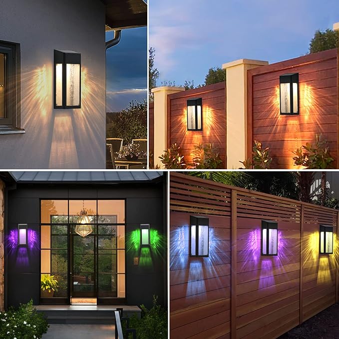 Solar Outdoor Lights, Metal Seeded Glass Auto On/Off Waterproof Solar Wall Warm/Color Changing Solar Lights for Wall Fence Patio Yard Porch Garden Decor,4 Pack
