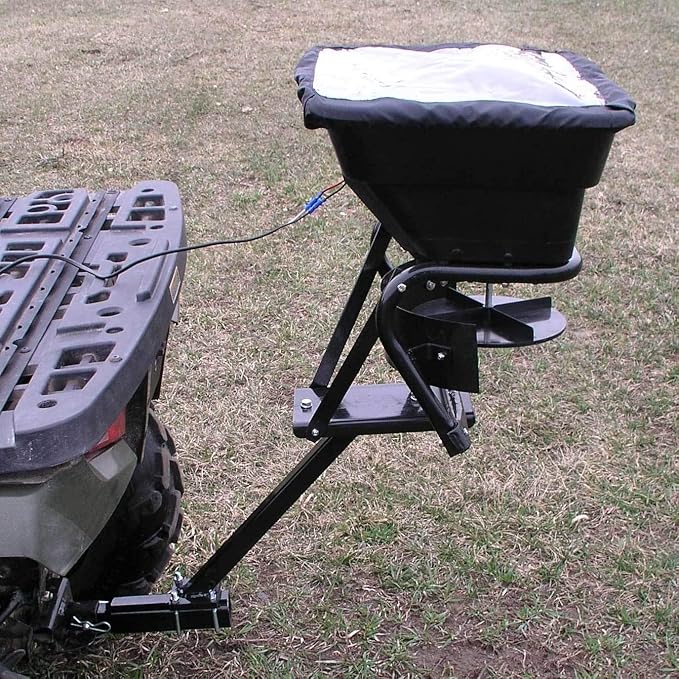Field Tuff 12V 80 Pound Capacity Grass Seed Fertilizer Spreader with Hitch Mount Receiver and Rain Protector for ATV, UTV, or Utility Tractor