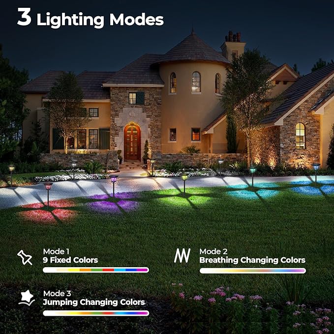 CINOTON 8 Pack RGBCW Solar Pathway Outdoor Lights, 3 Lighting Modes Solar LED Garden Lights, IP65 Waterproof Outside Solar Powered Landscape Lighting for Sidewalk Driveway Backyard RGB/Warm/Cold White