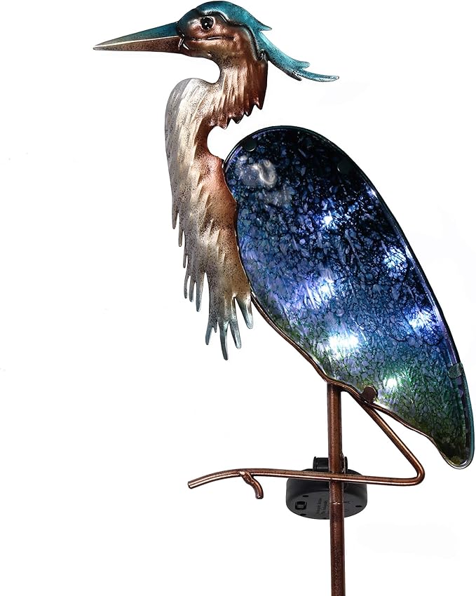 TERESA'S COLLECTIONS Blue Heron Garden Decor for Outside Solar Lights, 39" Glass Lawn Ornaments with Outdoor Lights Decorative Stake, Yard Art Decorations Outdoor for Patio Gifts for Mom Grandma