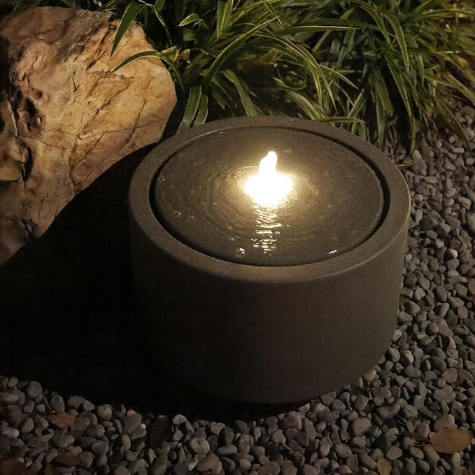 10.23” H Outdoor Water Fountain Made with Eco-Friendly Recyclable Materials, Polyethylene Round Bubbler Outdoor Fountain, Garden Decor with LED Light for Patio, Porch, Backyard