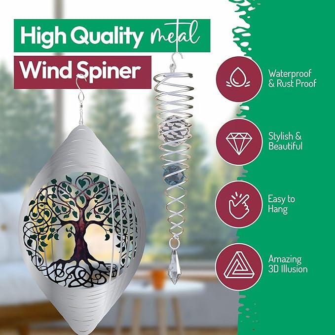 ISEO Tree of Life Wind Spinner Outdoor and Gazing Ball Set, Metal Yard and Garden Decoration, Weather-Resistant Wind Spinners for Outdoor, 6.5" Cool Garden Décor, Perfect Wind Spinner Gift
