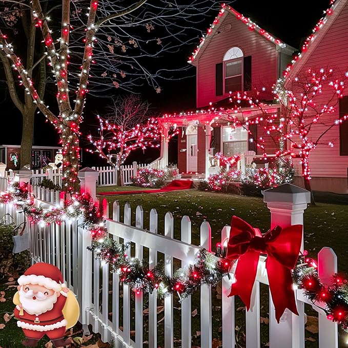 JMEXSUSS 2 Pack Red and White Solar Christmas Lights, Each 33FT 100 LED Solar String Lights Outdoor, Waterproof Solar Fairy Lights for Outside Christmas Decorations