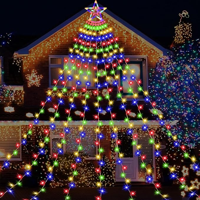 Christmas Decoration Lights, Outdoor Christmas String Lights 320 LED 11.5 Ft Waterfall Tree Lights with Big Star Topper 8 Light Modes for Christmas New Year Holiday Garden Yard Indoor Outdoor Decor