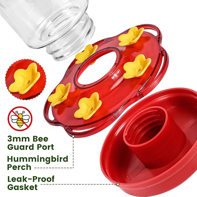 Glass Hummingbird Feeders for Outdoors Hanging Ant and Bee Proof, 2 Pack 15 Ounces Red Hummingbird Feeder with 5 Feeding Ports and Perches, Built-in Ant Moat, Outside Garden Décor (Glass, 2)