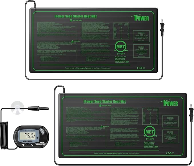 iPower Durable Seedling Heat Mat Warm 10" x 20" - 2 Pack Hydroponic Heating Pad Waterproof and A Digital Thermometer for Seed Starting Greenhouse and Germination