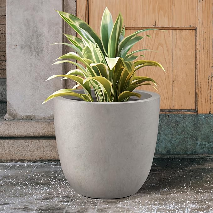 Kante 18 Inch Diameter Round Concrete Planter, Indoor Outdoor Large Plant Pot with Drainage Hole and Rubber Plug for Home Patio Garden, Buff Concrete