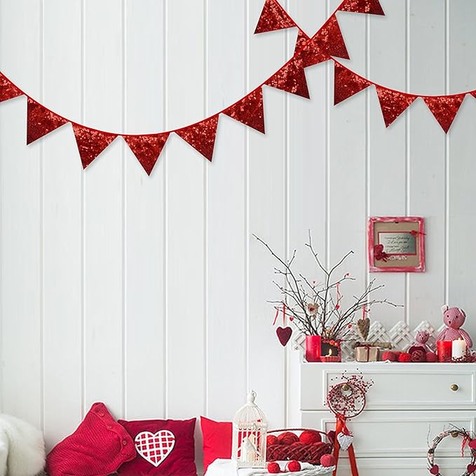 Pinkblume Red Decorations Double Sided Sequin Fabric Triangle Pennant Banner Flag Bunting Garland for Theme Nursery Classroom Home Bedroom Wall Valentines Day Holiday Christmas Decor