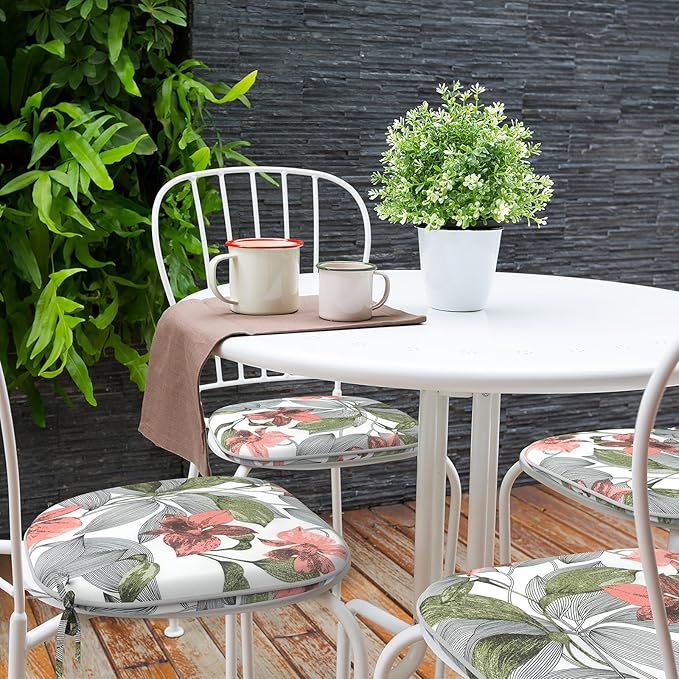 Indoor/Outdoor Chair Cushions 16x17 Inch, Patio Chair Cushions with Ties, All Weather Seat Cushions for Patio Furniture Home Garden Chair Use, Set of 4, Clemens Noir Pink