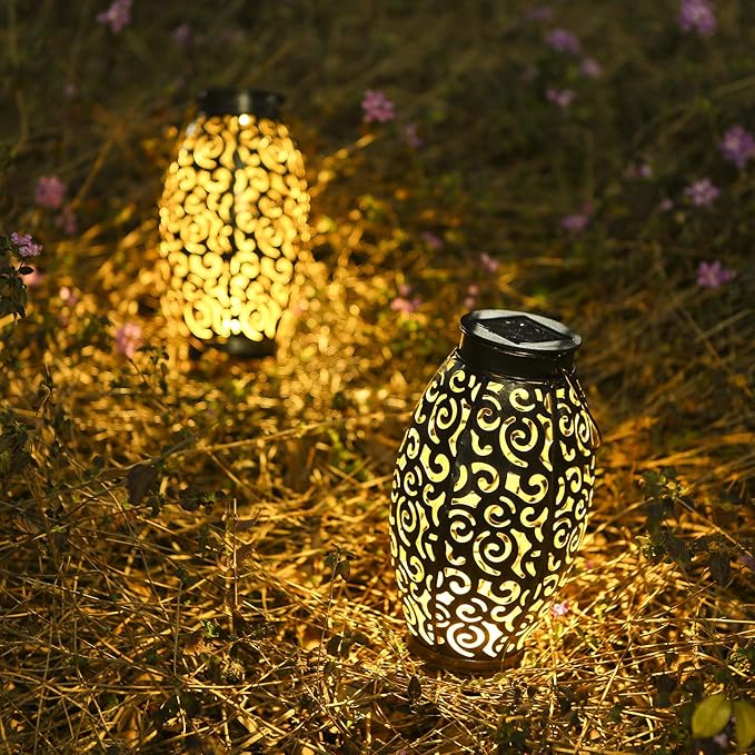 2 Pack Solar Lanterns, Hanging Solar Lantern Outdoor Lantern Solar Powered Lantern with Handle Metal Waterproof Decorative Solar Garden Lights for Patio Yard Pathway Walkway