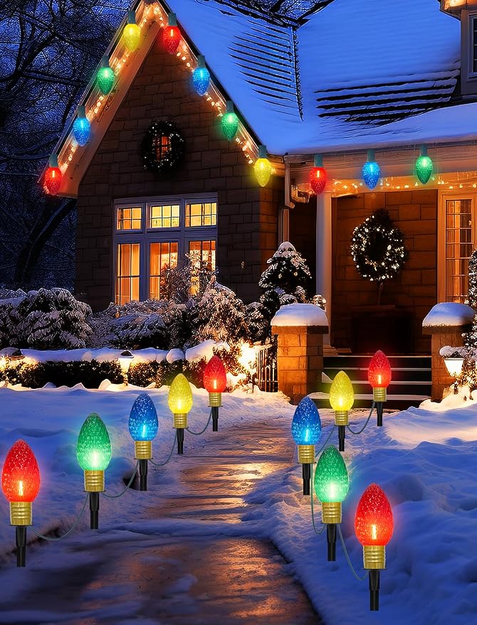 Jumbo C9 Christmas Pathway Lights Outdoor, 2 Pack 7FT Christmas Yard Decorations with 8 Jumbo C9 LED Strawberry Multicolor Bulbs Christmas Walkway Lights for Outside Holiday Lawn Garden Driveway Decor