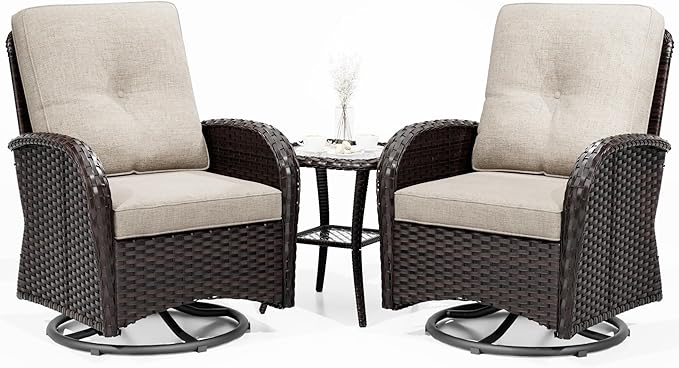 Joyside Outdoor Swivel Rocker Chairs, 3 Piece Wicker Patio Set with Thick Cushion and Side Table, Rattan Patio Swivel Rocking Chairs for Porch, Deck Use (Brown/Beige, 3 PCS)