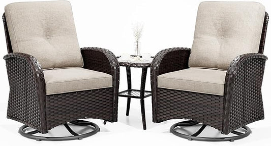 Joyside Outdoor Swivel Rocker Chairs, 3 Piece Wicker Patio Set with Thick Cushion and Side Table, Rattan Patio Swivel Rocking Chairs for Porch, Deck Use (Brown/Beige, 3 PCS)
