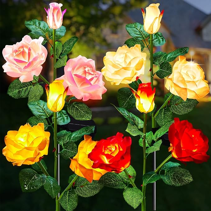 Garden 4 Pack LED Solar Flower Lights with Larger & More Realistic Rose Flowers, Bigger Solar Panel, Waterproof Solar Outdoor Lights for Yard Patio Lawn Pathway Walkway Decoration