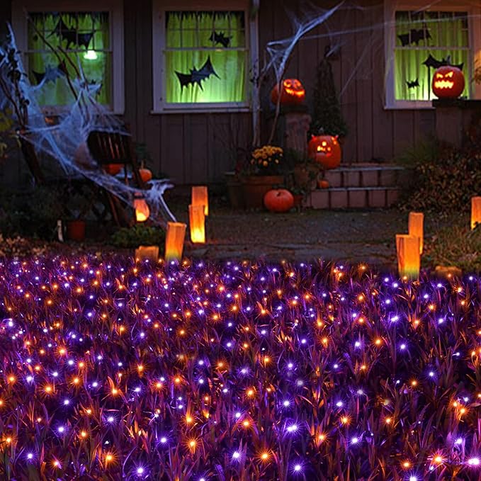 Joomer 12ft x 5ft 360LED Orange Purple Halloween Net Lights Outdoor Mesh lights, 8 Modes Timer Connectable Waterproof Bush Lights Mesh Netting Lights for Halloween Outdoor Decorations (Green Wire)