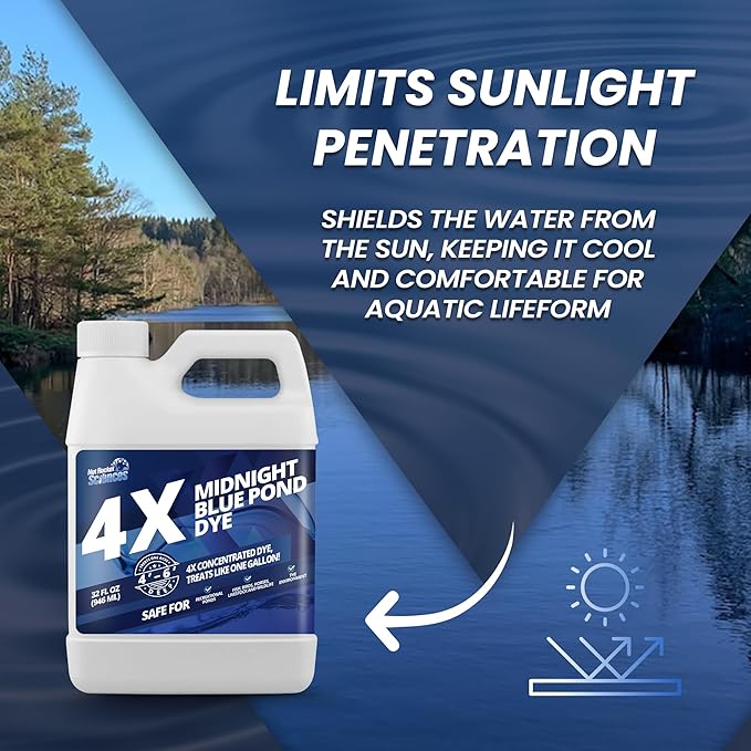 32oz Midnight Blue Pond Dye, 4X Concentrate Pond Dye Blue, Dark Natural Looking Aquashade for Beautiful Lake Water, Long-Lasting Colorant, Protects Against Sunlight - Ideal for Fish & Wildlife