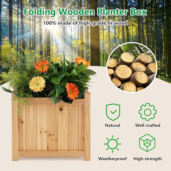 GRAFFY Raised Garden Bed, Folding Wood Planter Box w/Removable Bottom & Drainage, Indoor Outdoor Square Elevated Planter for Flower Herb Vegetable Fruit, Plant Container for Grass Lawn Patio Backyard