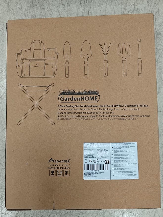 Gardening Tool Set, Stainless Steel 7-Piece Gardening Tools with Heavy-Duty Folding Stool and Detachable Canvas Tote Bag, Green and White, Ideal Gardening Gifts for Women and Men