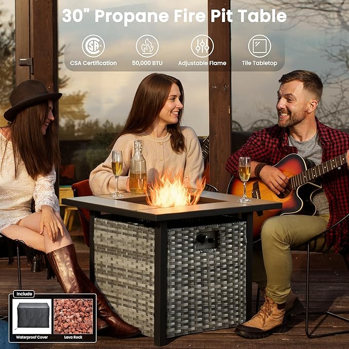 ovios 8 Pieces Patio Furniture Set with 30" Fire Pit Table, Outdoor Wicker Sofa with Comfy Cushions, All Weather High Back Rattan Couch Conversation Set, Grey