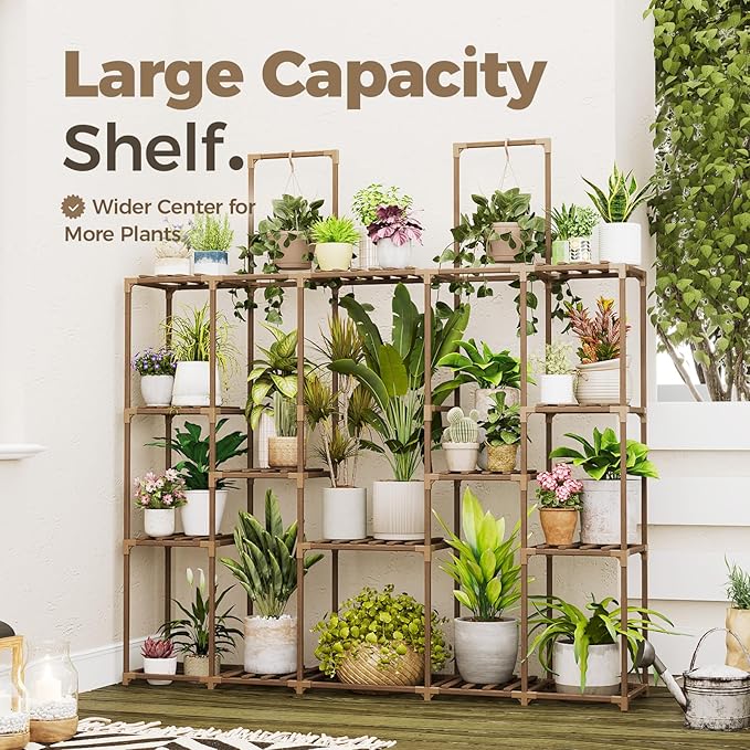 Bamworld Plant Shelf Large Plant Stand Indoor 62.2" Tall Outdoor Plant Holder Wood for Multiple Plants Hanging Plant Rack for Living Room Garden Balcony