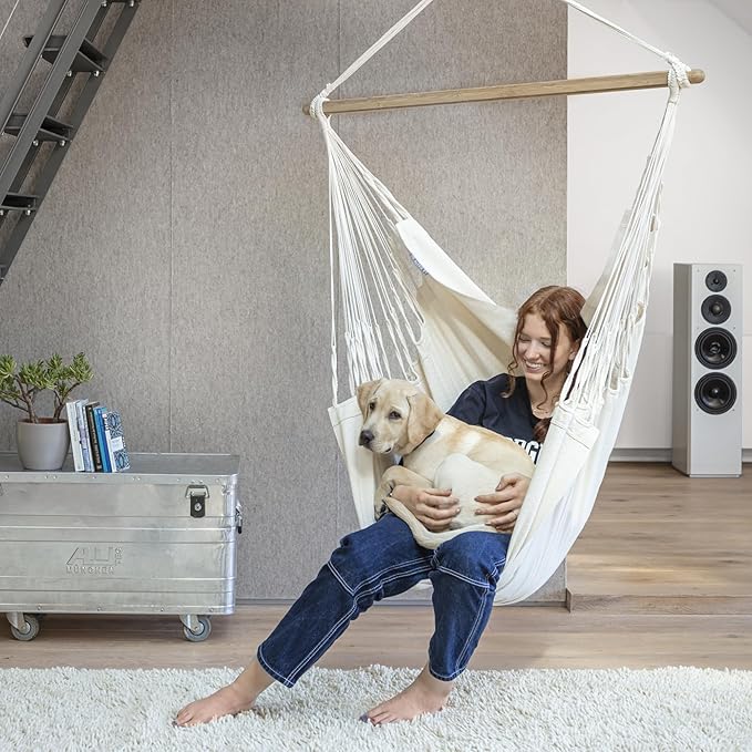 LA SIESTA - XL King Habana Cotton Hammock & Romano Steel Stand - Indoor Outdoor Hanging Chair Swing for Bedroom Porch Balcony - Boho Hanging Chair - Latte
