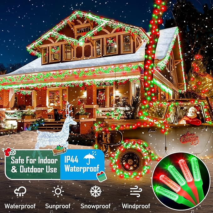 Heceltt 360 LED 118 FT String Lights Outdoor, 8 Modes Christmas Lights Plug in, IP44 Waterproof Led String Lights with Timer and Memory for Xmas Yard Garden Decorations (Red and Green)