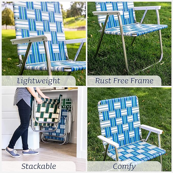 Lawn Chair USA - Outdoor Chairs for Camping. Made with Lightweight Aluminum Frames and UV-Resistant Webbing. Folds for Easy Storage 2- Pack (Charleston with Green Arms, Classic)