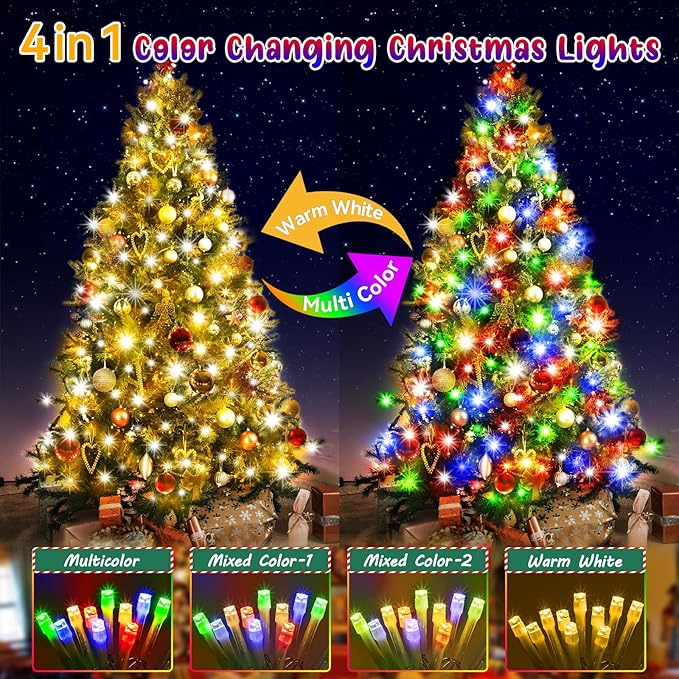 Hezbjiti 337FT 720LED Color Changing Christmas Lights Outdoor, 11 Modes String Lights IP44 Waterproof Fairy Light for Party Tree Garden Wedding Decorations (Multicolor to Warm White, Clear Wire)