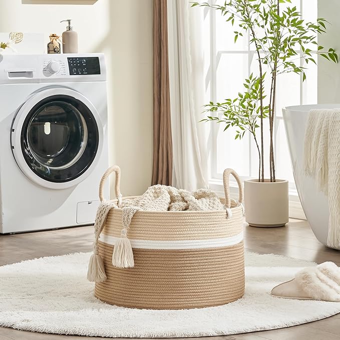 KAKAMAY Large Blanket Basket (20"x13"),Woven Baskets for storage Baby Laundry Hamper, Cotton Rope Blanket Basket for Living Room, Laundry, Nursery, Pillows, Baby Toy chest (White and Brown)