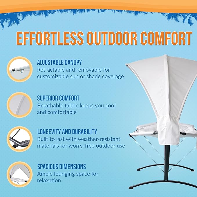 Island Retreat Sea Breeze Steel Frame Hammock Lounge Chair with Canopy - Luxury Shaded Hammock with Stand for Outside - Boho Style Beach Chair with Adjustable & Removeable Canopy - Black & Champagne