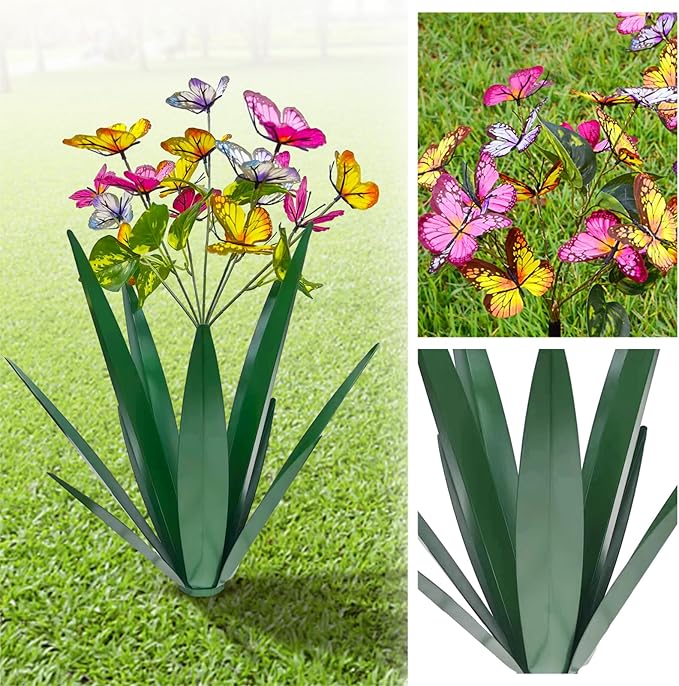 Garden Outdoor Butterfly Enlarge Thickened Wind Resistant Metal Agave Garden Art Metal Plant Country Sculpture Statue Decorations Ornaments Artificial Waterproof Butterflies(Green 2pcs)