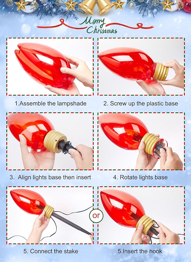 2 Pack Super Jumbo Christmas String Lights or Pathway Marker Lights, Outdoor Xmas Decorations- 11Ft 5 LED Jumbo C9 Hanging Lights Waterproof Lawn Dec for Holiday Home Tree Roof Yard Garden, Multicolor