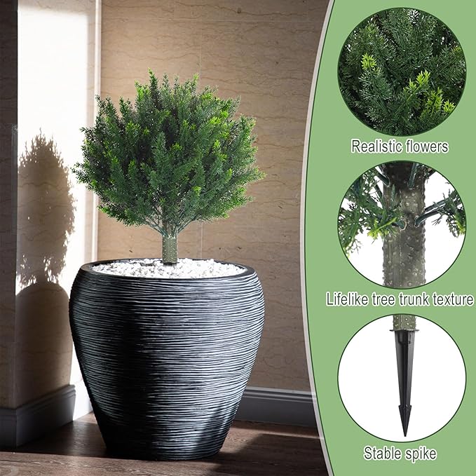 Yunlly 4 Pcs Artificial Cedar Topiary Ball Fake Tree 18" Bush Front Porch Decor Artificial Shrubs for Outdoors Faux Cypress with Ground Spike, Evergreen Plants for Indoor Garden Patio, UV Resistance