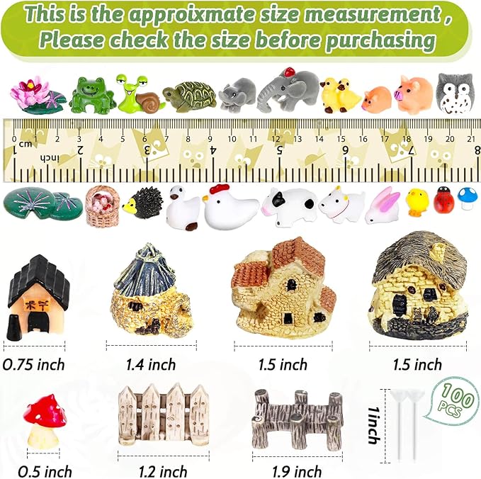 172Pcs Miniature Fairy Garden Accessories Including 100Pcs Fixed Pins, modacraft Fairy Garden Kit Fairy House Animal Figurines Mini Landscape for Garden Dollhouse Potted Plant Bonsai Terrarium Décor
