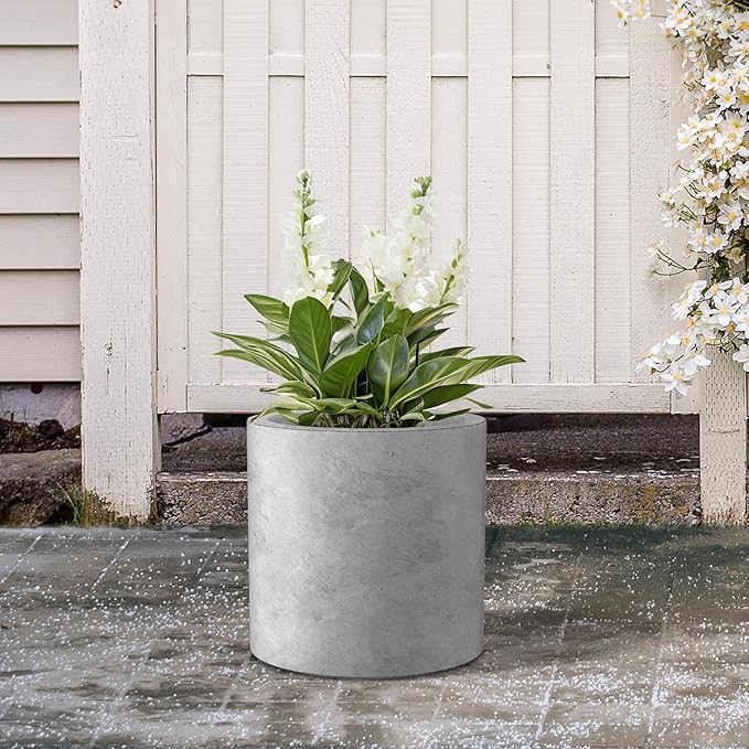 Kante 9.8" Dia Round Concrete Planter, Modern Style Large Cylindrical Plant Pot with Drainage Hole and Rubber Plug for Indoor Outdoor Patio, Natural Concrete