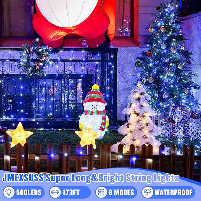JMEXSUSS 500 LED Blue and White String Lights Outdoor, 173ft 8 Modes LED Christmas Lights Indoor, Waterproof Christmas Twinkle Lights for Tree Holiday Decorations