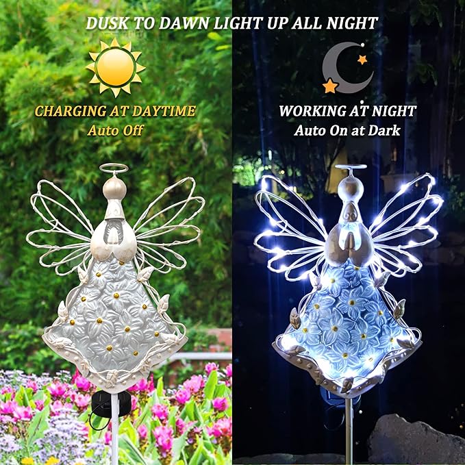 38Inch Angel Solar Lights Outdoor Decorative-Metal&Glass Angel Hydrangea Flower Garden Stake Lawn Light- Waterproof 30 Warm White LED for Remembrance Gifts & Sympathy Gifts(White)