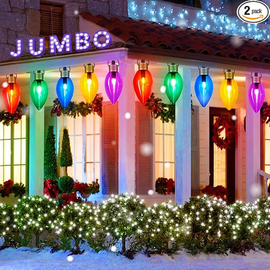 2 Pack Super Jumbo Christmas String Lights or Pathway Marker Lights, Outdoor Xmas Decorations- 11Ft 5 LED Jumbo C9 Hanging Lights Waterproof Lawn Dec for Holiday Home Tree Roof Yard Garden, Multicolor