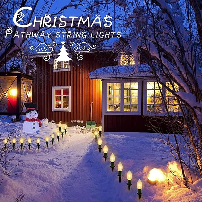 Christmas Pathway Lights Outdoor, 38Ft Outdoor Christmas Decorations with 25 C9 Warm White Christmas Pathway Stakes Lights, Connectable Christmas Walkway Lights for Yard Lawn Sidewalk Driveway Garden