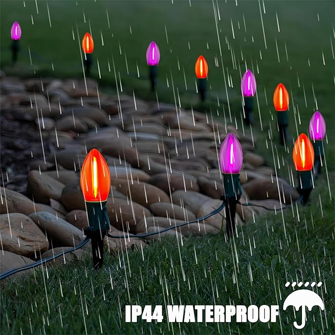 19.5Ft LED Halloween Pathway Lights Outdoor with 10 C9 LED Orange Purple Lights, Outdoor Halloween Decoration Pathway Marker Stakes Lights Waterproof for Yard Garden Sidewalk Walkway Halloween Party