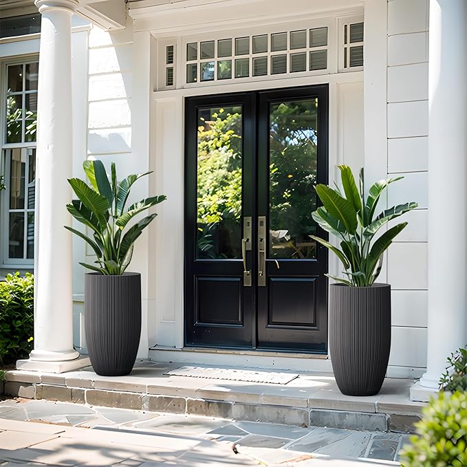 Kante 24 Inch Tall Round Concrete Planter, Large Indoor Outdoor Plant Pots with Drainage Hole and Rubber Plug, Modern Decorative Garden Pots for Home Patio Porch, Textured Black