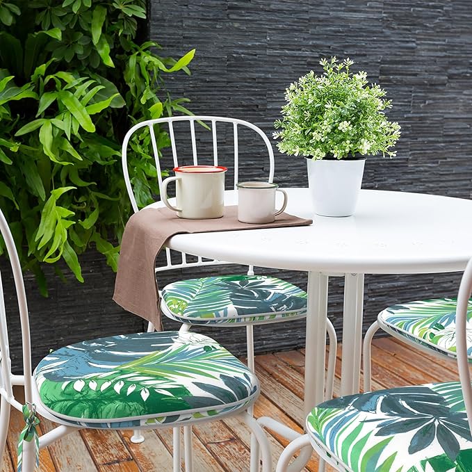 Indoor/Outdoor Chair Cushions 16x17 Inch, Patio Chair Cushions with Ties, All Weather Seat Cushions for Patio Furniture Home Garden Chair Use, Set of 4, Islamorada Blue Green