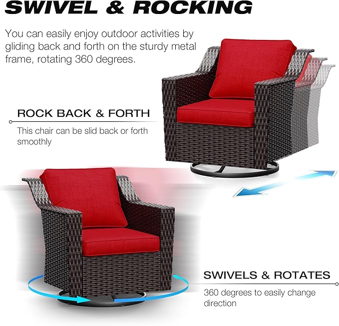 Joyside Wicker Patio Furniture Sets, 5 Pieces Upgraded Large Size Outdoor Furniture with Swivel Rocking Patio Chairs, Outdoor Ottoman and Side Table, Thick Cushions, Wide Armrest