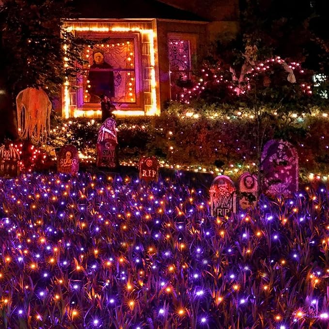 Joomer 12ft x 5ft 360LED Orange Purple Halloween Net Lights Outdoor Mesh lights, 8 Modes Timer Connectable Waterproof Bush Lights Mesh Netting Lights for Halloween Outdoor Decorations (Green Wire)