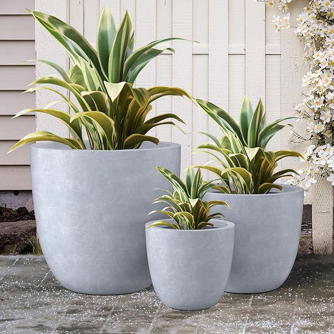 Kante 18",14",10" Dia Concrete Round Planters (Set of 3), Outdoor Indoor Large Planter Pots with Drainage Hole and Rubber Plug for Home Patio Garden, Slate Gray