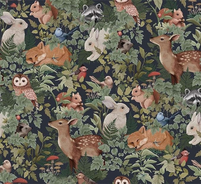 Green Plants Leaf Animal Forest Deer Rabbits Squirrel Owl Peel and Stick Wallpaper Self Adhesive Removable Easy Peel Off Contact Stick on Wall Paper for Bedroom Cabinet Renter Friendly