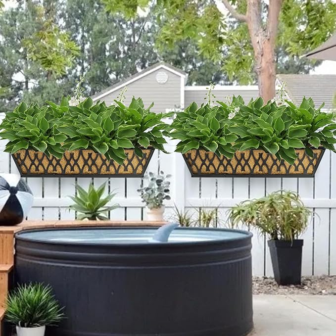 2 Pack 24 Inch Window Boxes Planters Railing Planter Box with Adjustable Brackets for Porch Fence Patio Balcony Hanging Flower Baskets with Coco Liners for Outdoor Garden Décor - Black