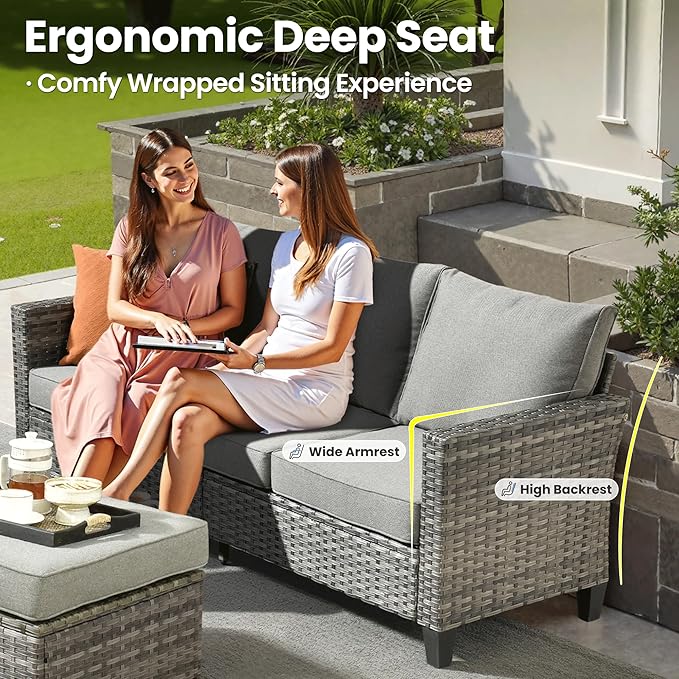 ovios 8 Pieces Patio Furniture Set with 30" Fire Pit Table, Outdoor Wicker Sofa with Comfy Cushions, All Weather High Back Rattan Couch Conversation Set, Dark Grey