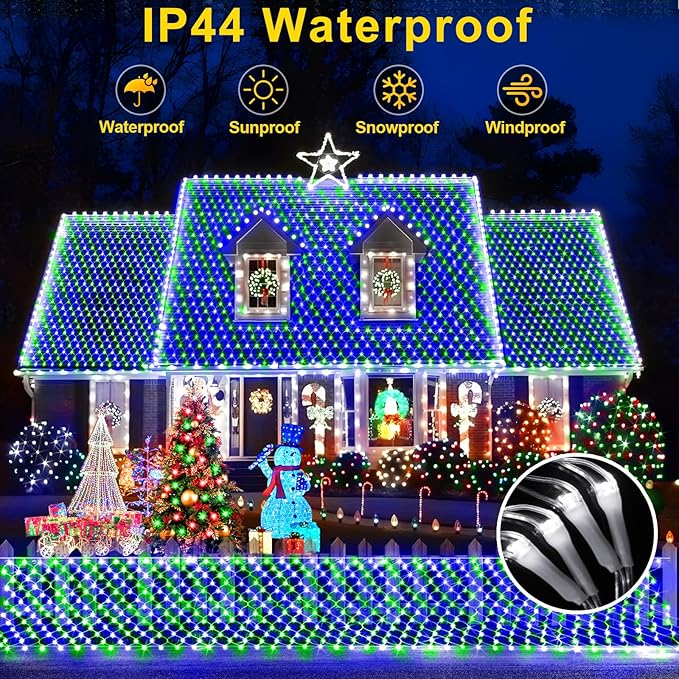 KNONEW 2-Pack 360 LEDs Christmas Net Lights 13ft x 9.8ft Outdoor Mesh Lights Connectable Waterproof 8 Modes & Timer Plug-in Net Fairy Lights for Bushes Garden Party Wedding Holiday,Blue and Green